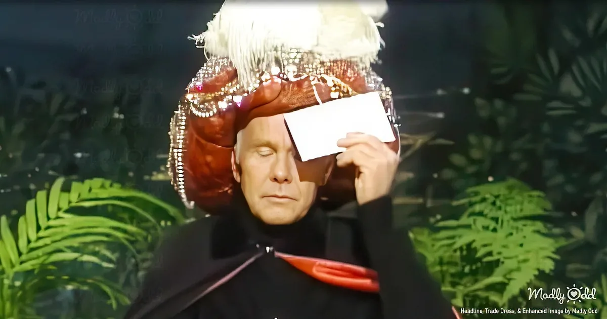 A man in a black outfit and red cape holds a white card near his face, surrounded by green foliage.