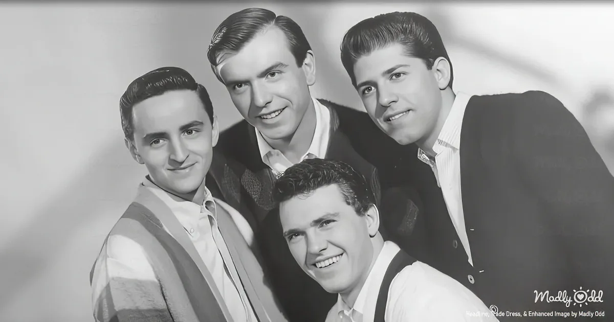 Four men in vintage attire smile and pose together in a black-and-white photograph.