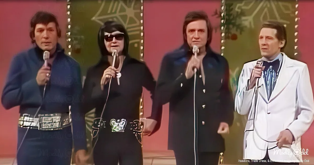 Four individuals in vintage attire, holding microphones, stand on a stage with a colorful backdrop.