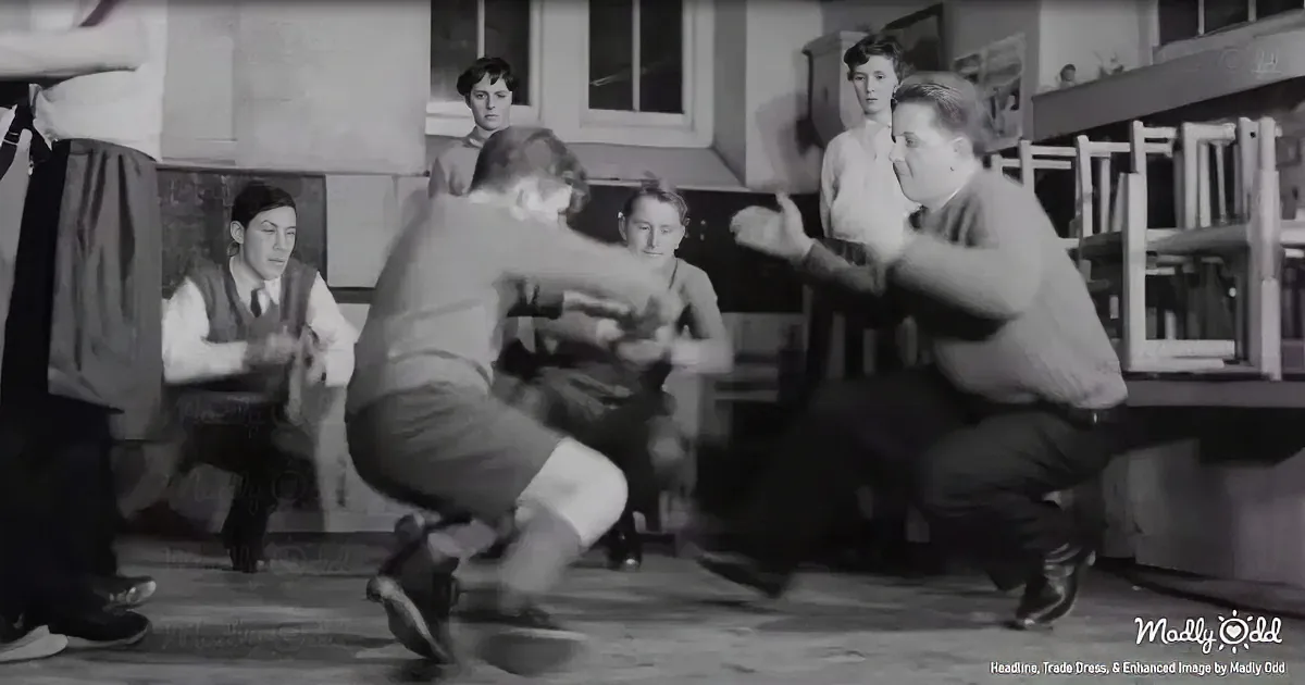 Two men are crouching in a classroom, one appears to be teaching or demonstrating something to the other.
