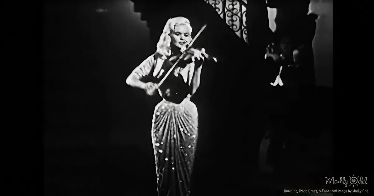 A woman in a long dress plays the violin on stage, illuminated by a spotlight.