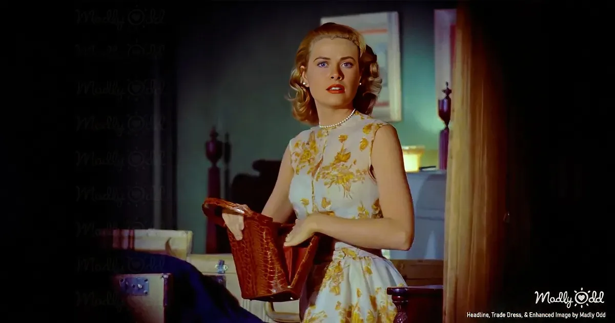 A woman in a floral dress holds a brown basket, standing in a dimly lit room with a painting in the background.
