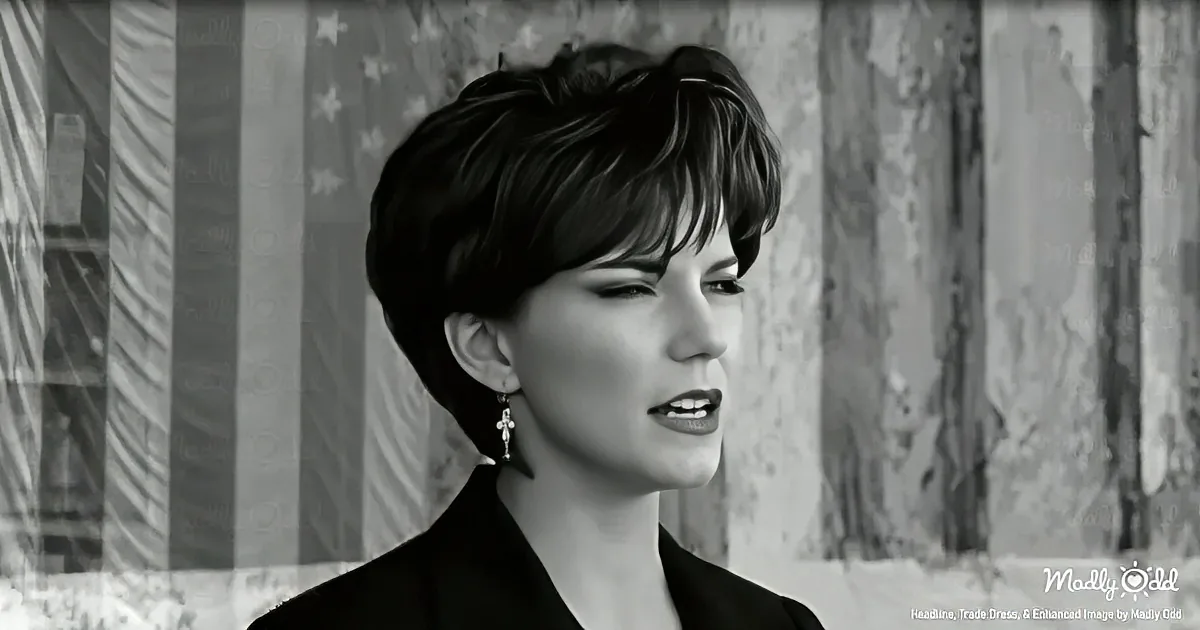 A woman with short hair and earrings is shown in a black-and-white image, looking to the side.