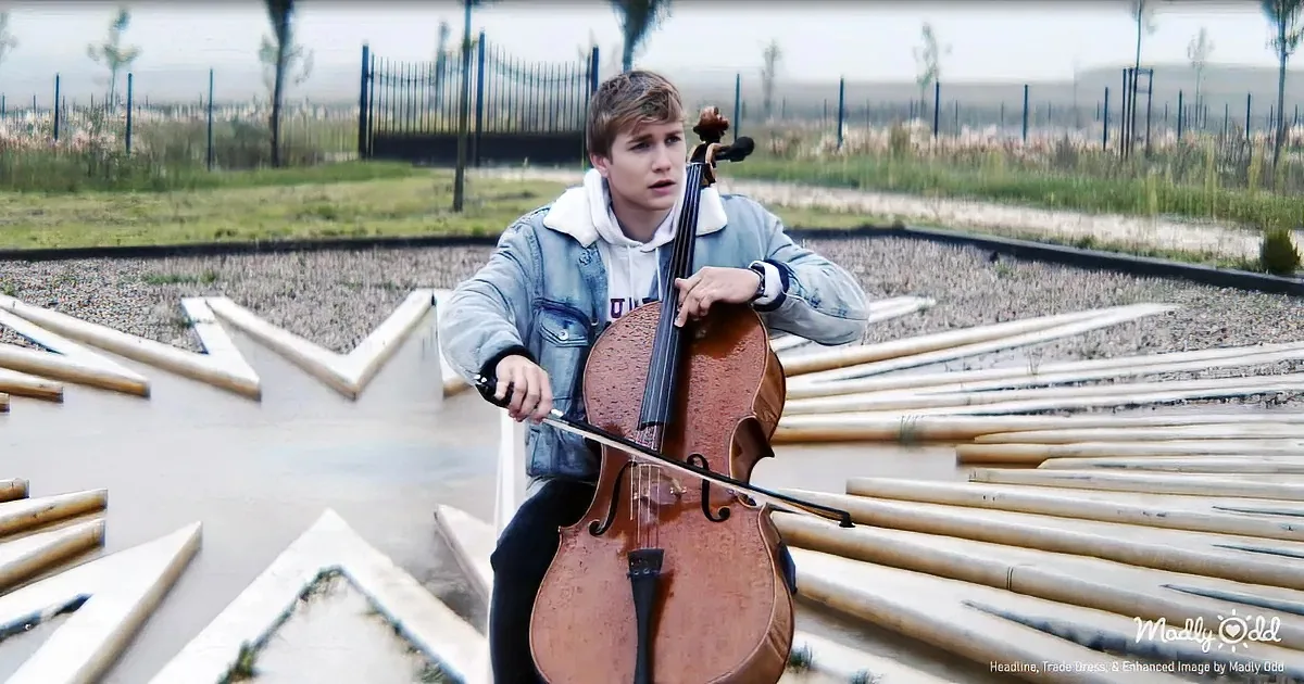 A person in a denim jacket plays a cello on a wooden structure in an outdoor setting.