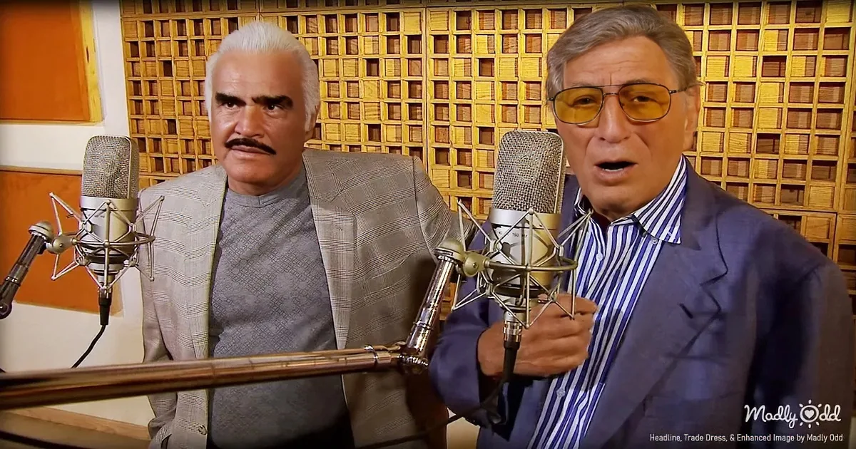 Two men in a recording studio, one singing into a microphone, both dressed formally.
