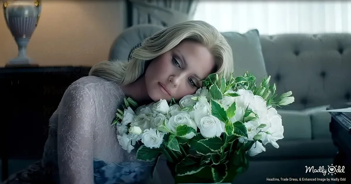 A woman in a lace dress leans on a bouquet of white roses, sitting on a tufted couch.