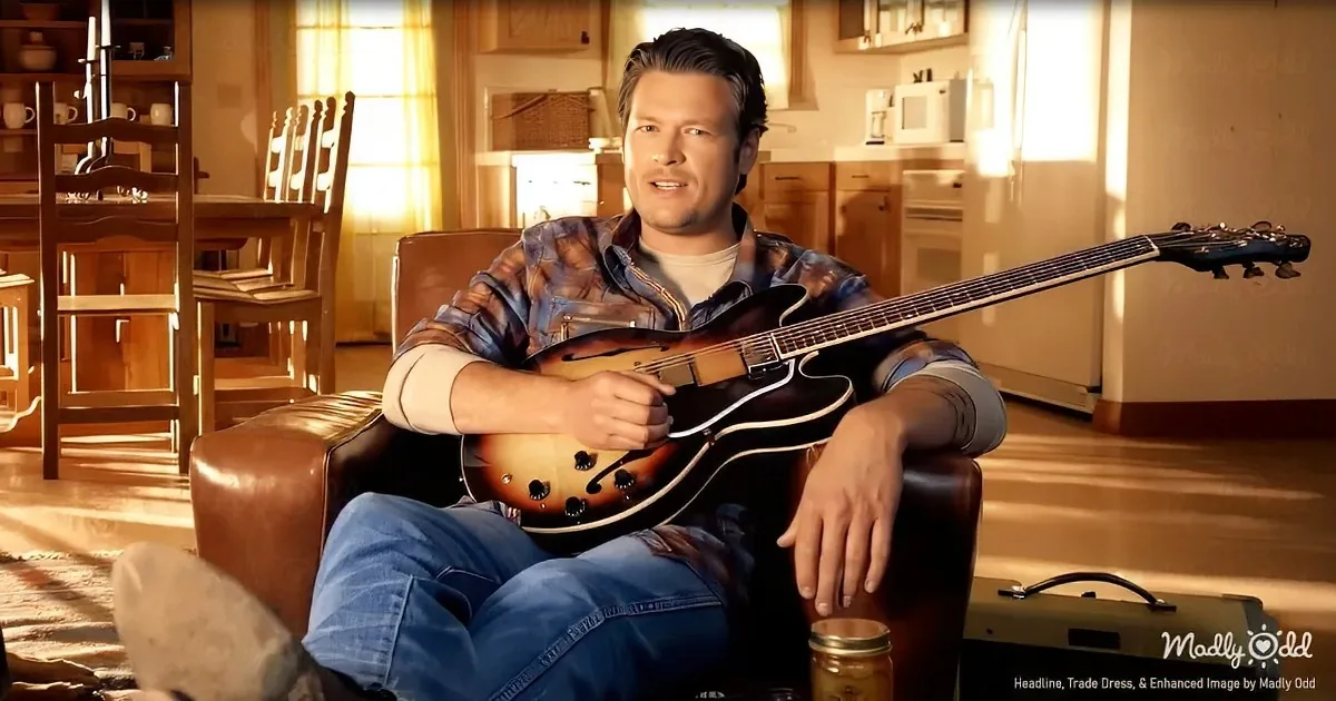 A man sits in a leather chair holding a guitar, wearing a plaid shirt and jeans, in a sunlit kitchen.