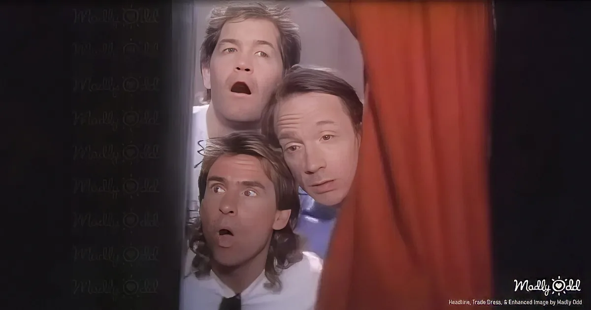 Three men in white shirts and ties are surprised, looking up at something off-screen.