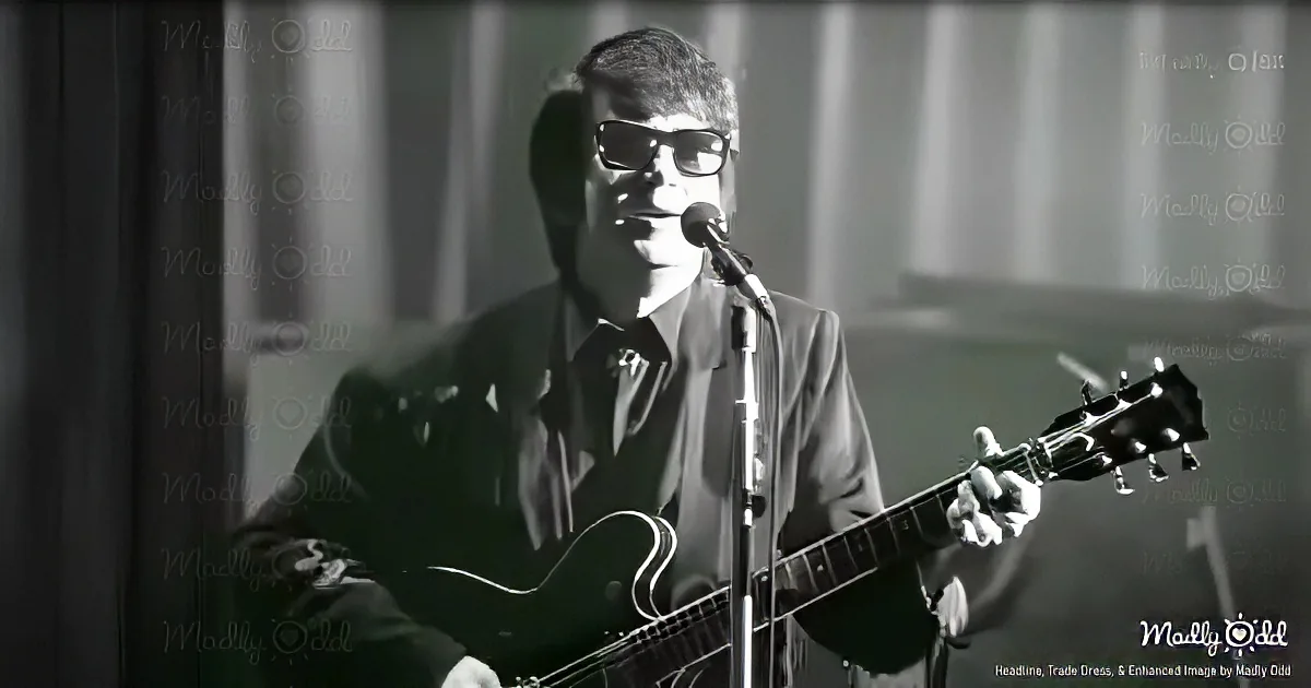 A man in a suit plays a guitar and sings into a microphone.