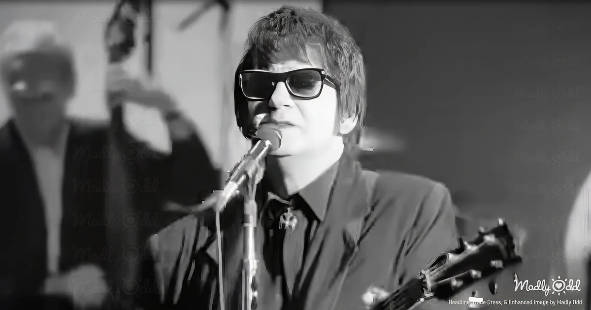 A person in sunglasses sings into a microphone, holding a guitar, with a band in the background.