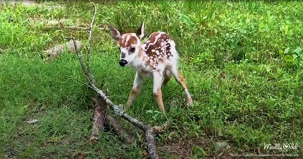 A fawn with brown and white spots stands on grass near a fallen tree branch.