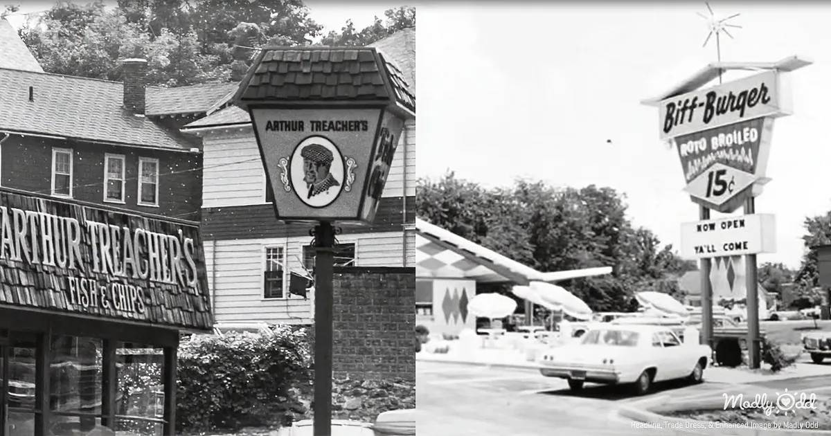 Arthur Treacher's Fish & Chips sign and Biff-Burger restaurant with vintage cars and retro signage.