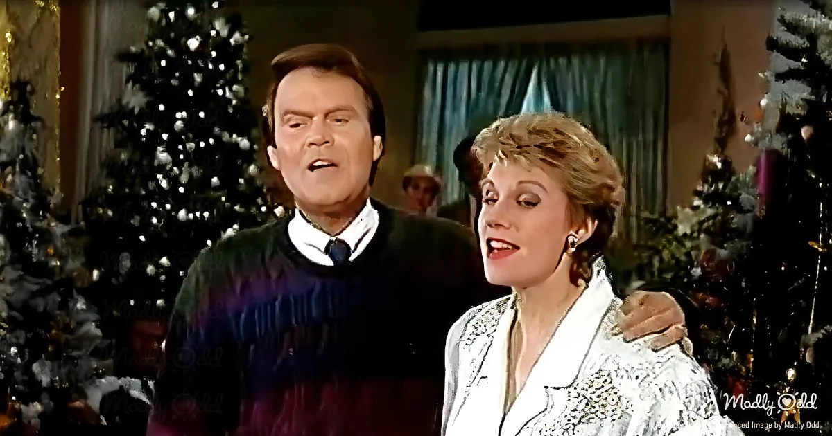 A man and woman sing together in a festive setting with Christmas trees and decorations.