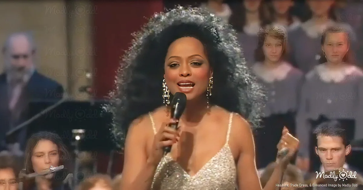 A woman in a glittery dress sings into a microphone, surrounded by a choir and an audience.