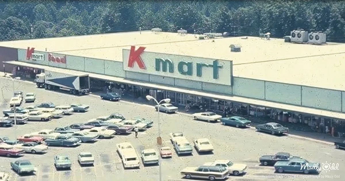 A Kmart store with a large parking lot full of vintage cars.