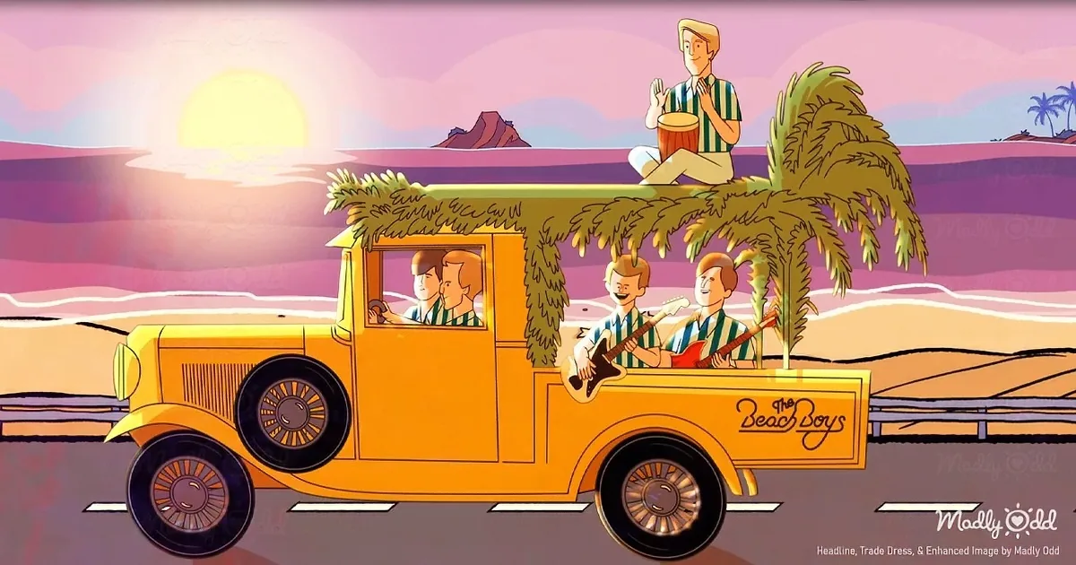 A cartoon Beach Boys car with palm trees and a drummer on the roof, driving past a sunset.