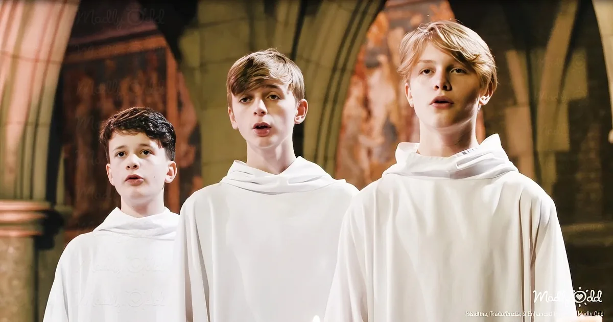 Three young men in white robes sing in a church setting with arched ceilings and paintings.