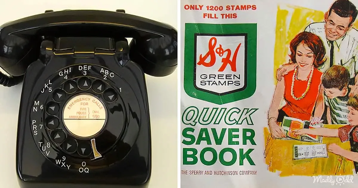A vintage rotary phone and a S&H Green Stamps Quick Saver Book are displayed side by side.
