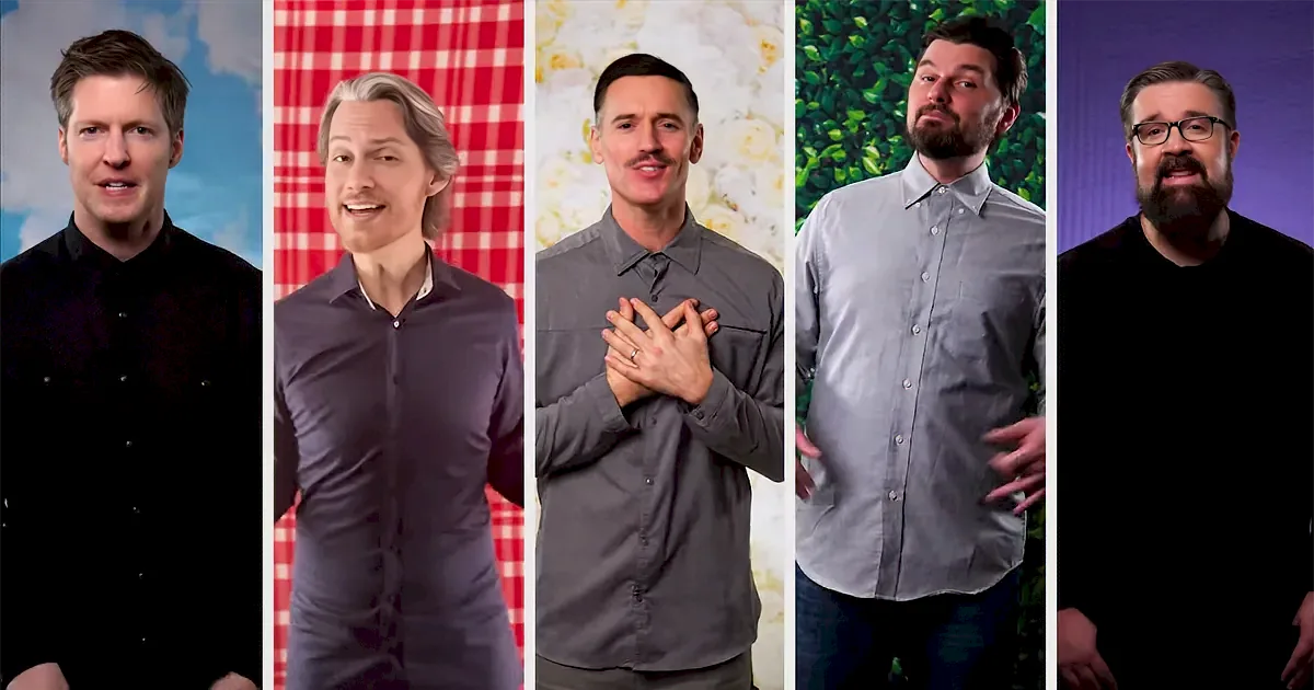 Five men in various shirts and poses, one with hands clasped, against different colorful backgrounds.