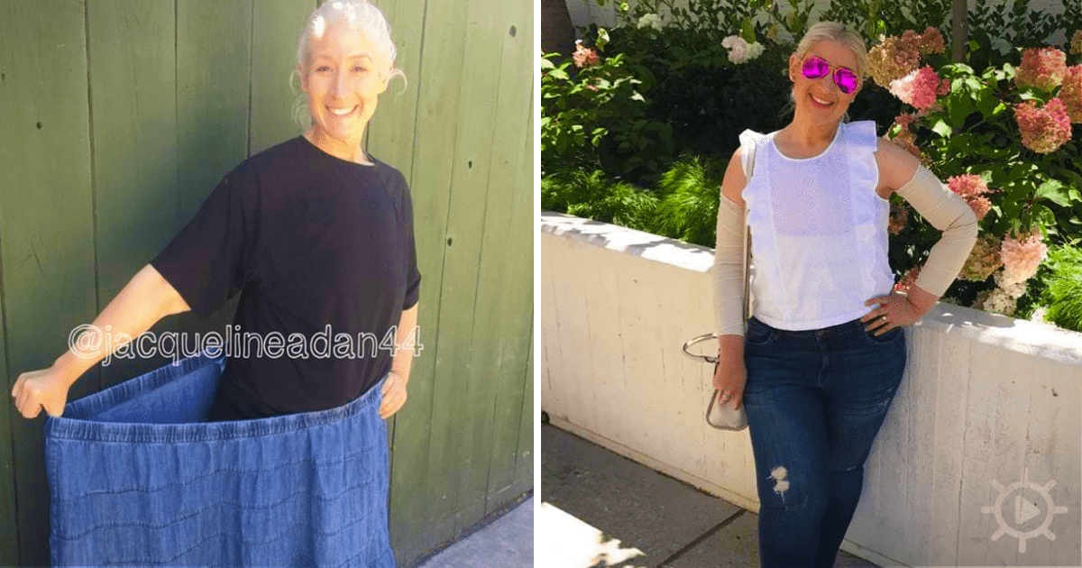 A woman stands outdoors, comparing her weight loss, wearing a black top and jeans in one photo, and a white top and jeans...