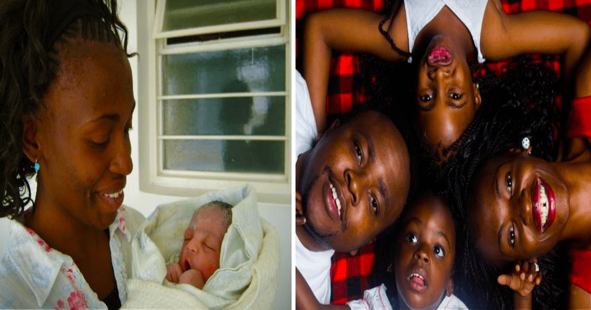 A woman holds a newborn baby wrapped in a blanket, smiling, while a family of four lies upside down on a red plaid...