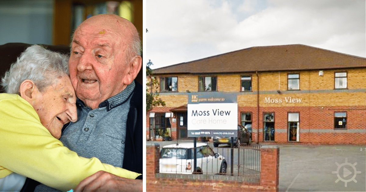 An elderly couple embraces warmly, while the right side shows the exterior of Moss View Care Home.