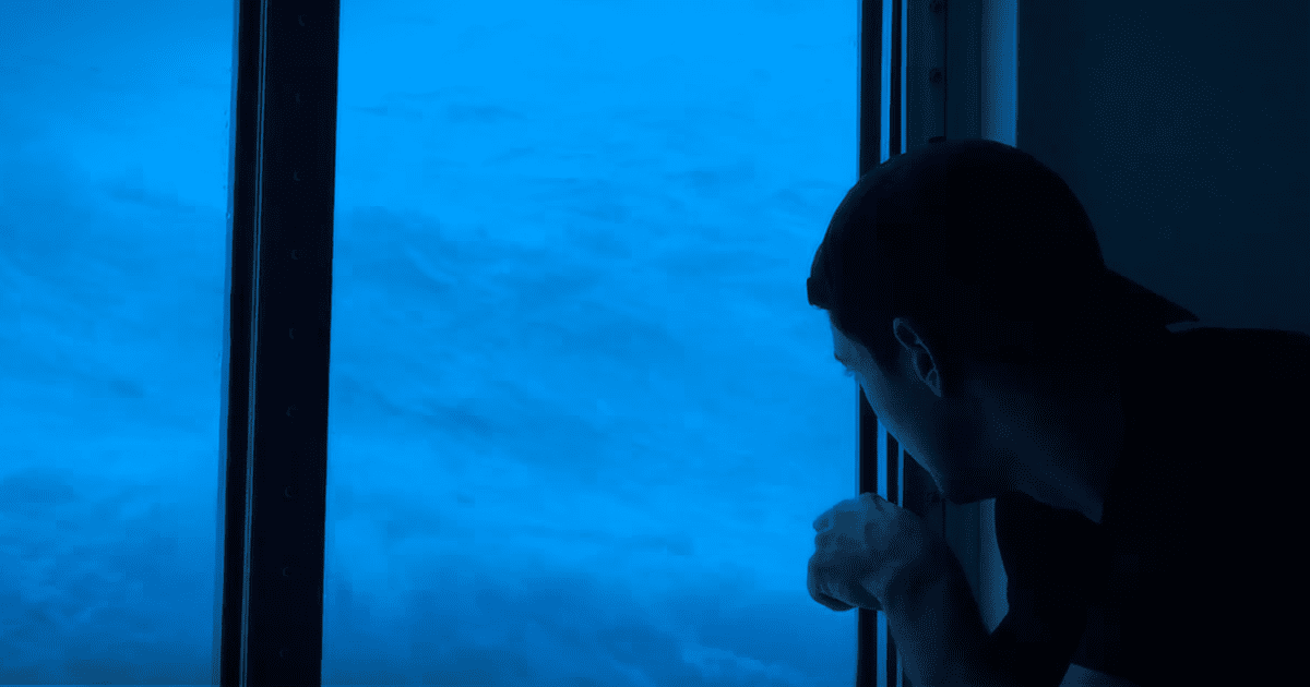 A person in silhouette leans against a window, gazing out at a cloudy sky.
