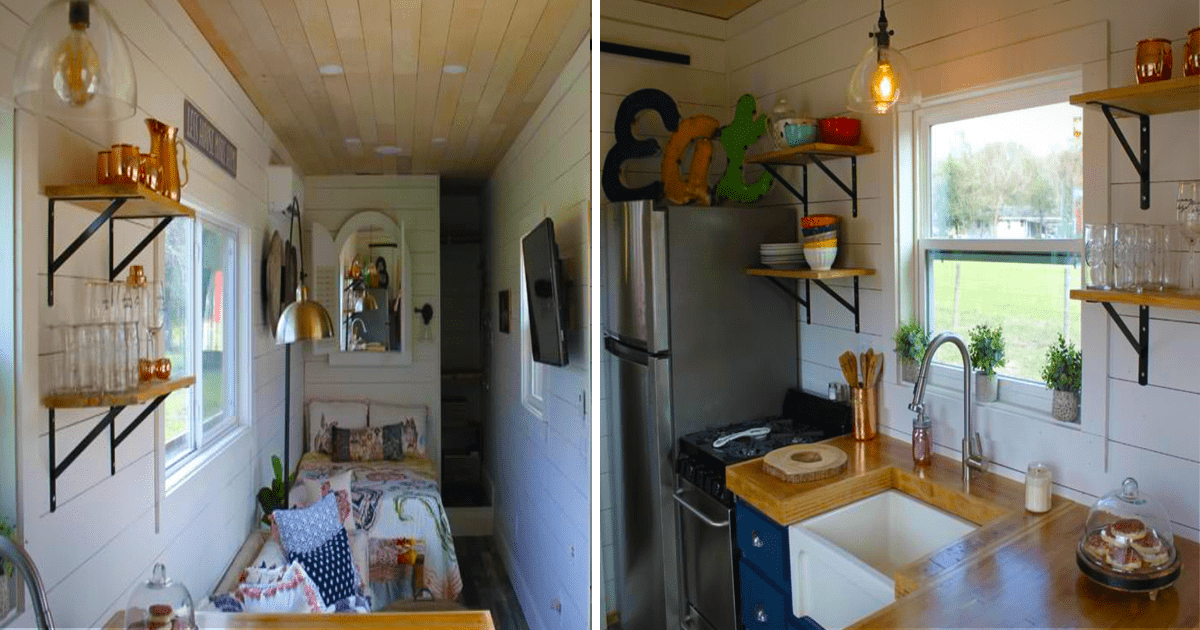A cozy, compact tiny home with a bedroom and kitchen area featuring wooden shelves, a sink, and a window with a view.