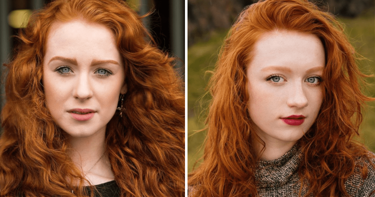 A woman with curly red hair and blue eyes, wearing a black top and red lipstick, is shown in two close-up portraits.