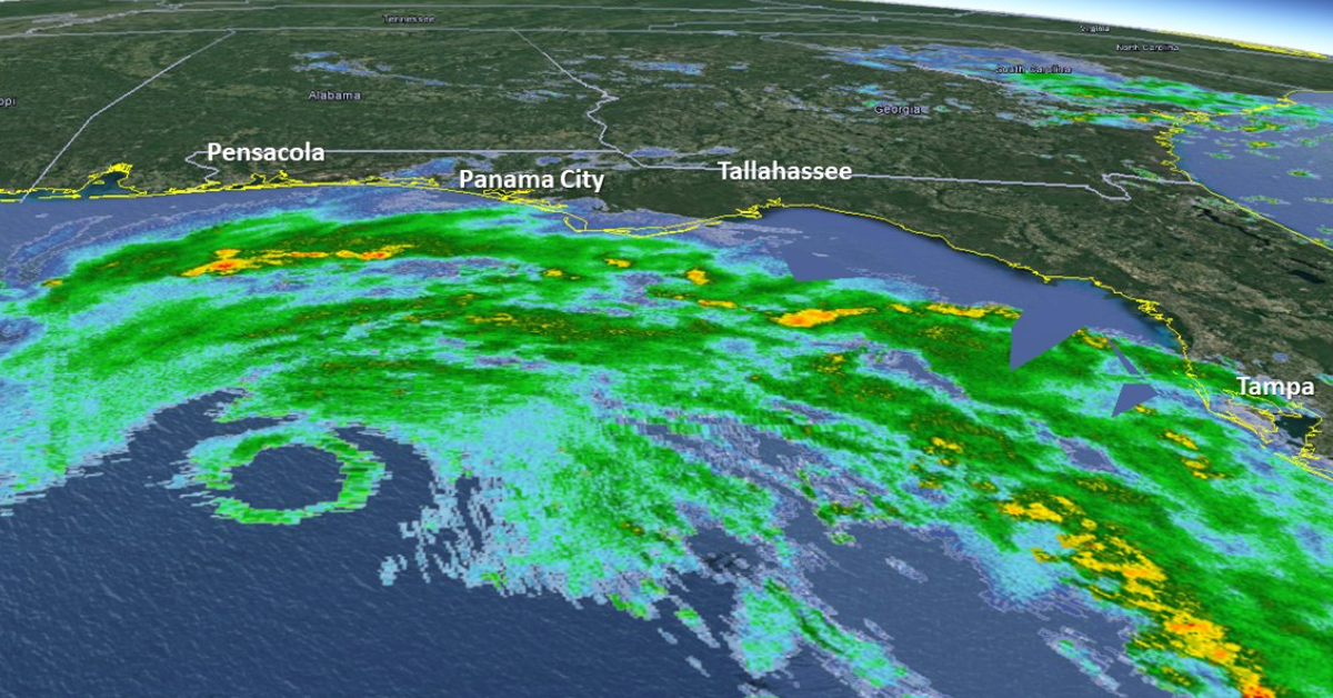 A weather radar image shows heavy precipitation over the Gulf Coast, with green and yellow areas indicating rainfall...