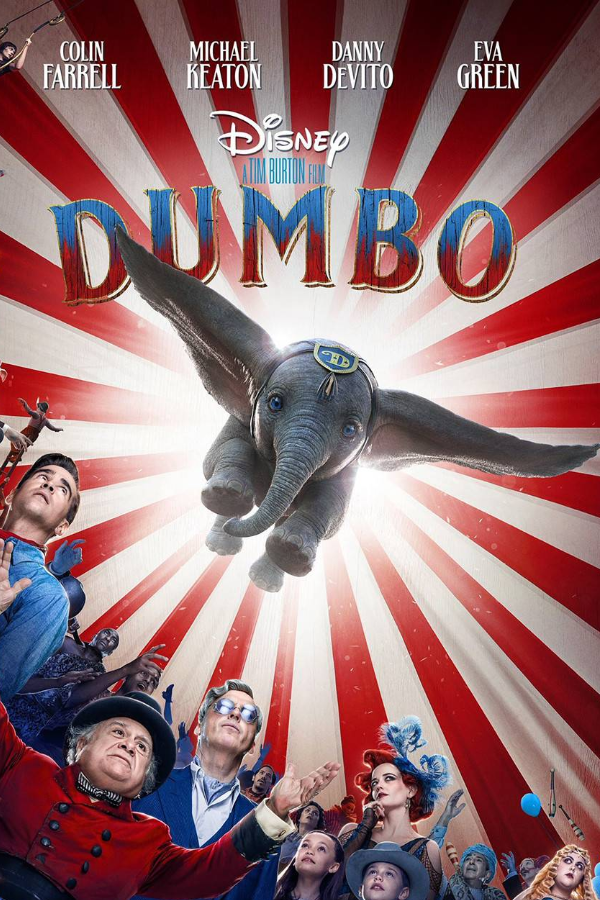 A flying elephant with large ears is the main subject, surrounded by circus performers and a red-and-white striped...