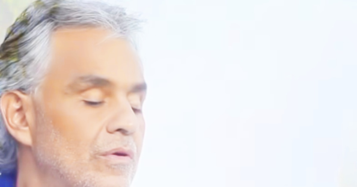 Andrea Bocelli, a renowned singer, is featured in a promotional image for a performance with Ariana Grande.