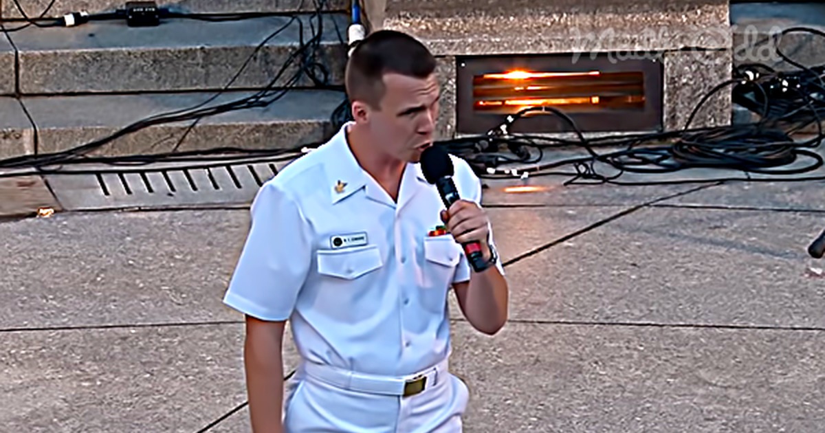 A Navy band member in white uniform sings into a microphone, with a crowd watching, and text below reads "Navy Band...