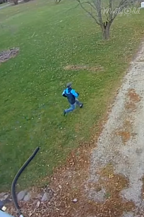 A person in a blue jacket and jeans is running on a grassy area near a gravel path.