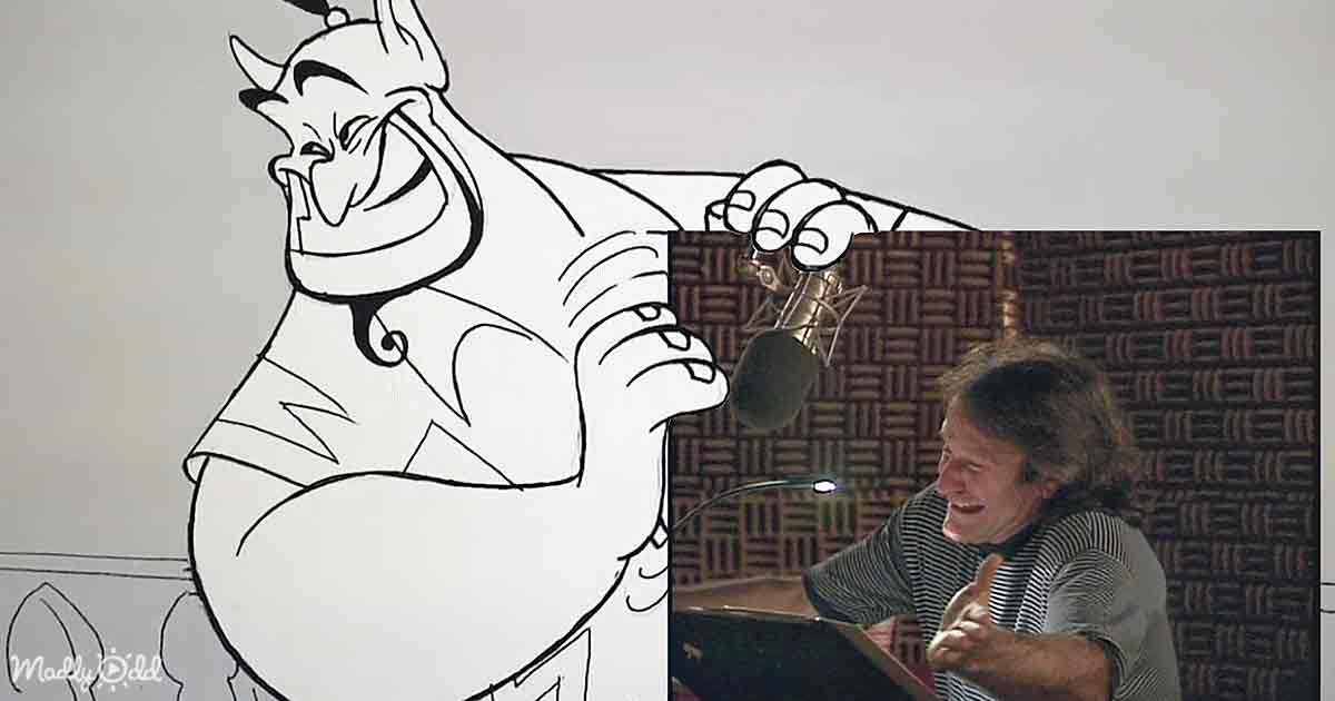 A cartoon character with a mustache and a man in a recording booth with a microphone.